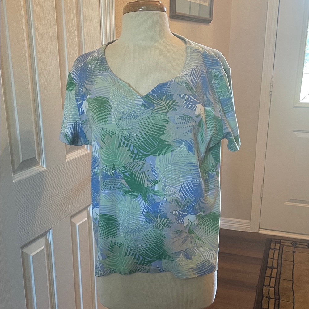 Rebecca Malone Leaf Print V-Neck Top - Blue and Green